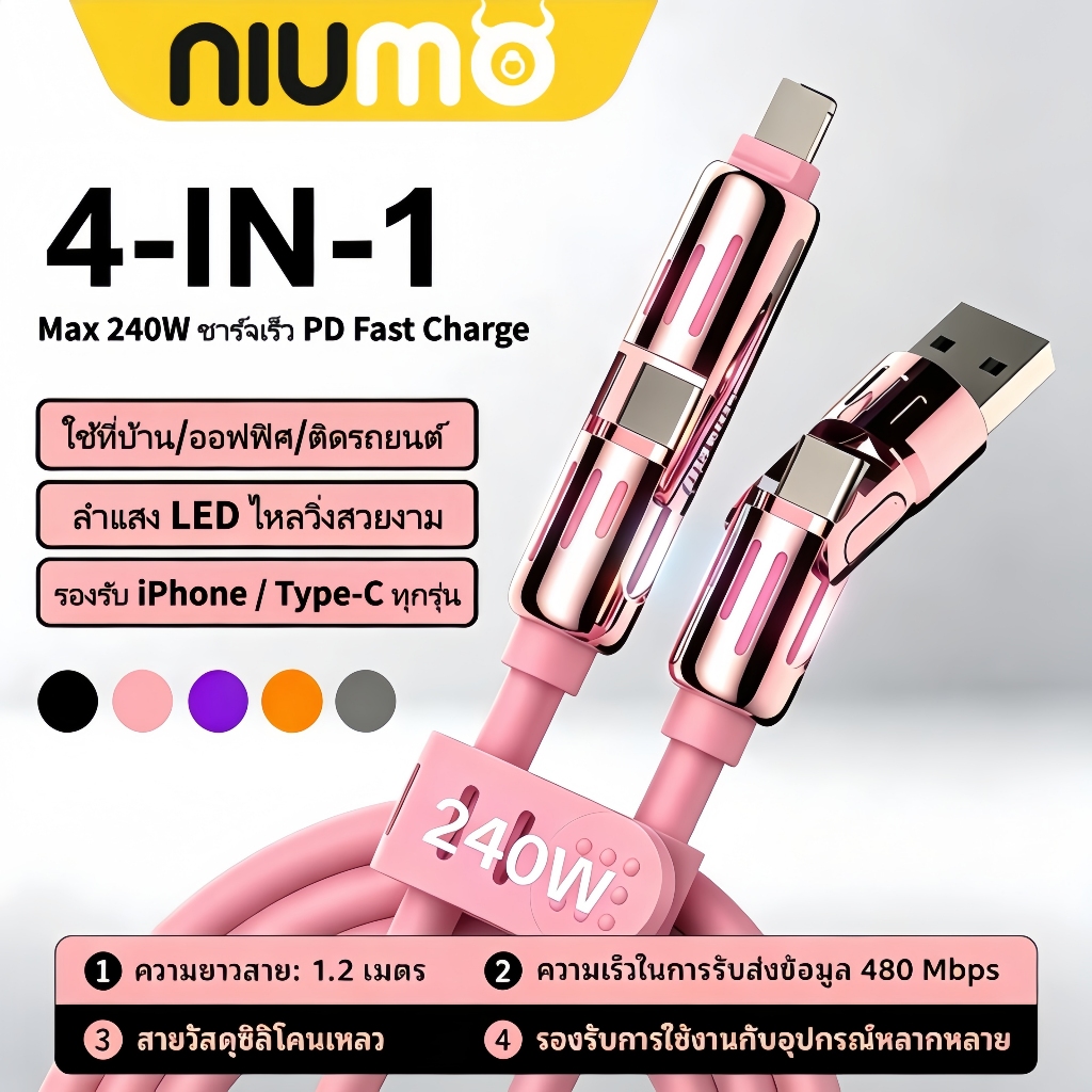 NIUMO สายชาร์จเร็ว 240W สายชาร์จเร็ว 4 in 1 Type-C จอแสดงผลภาพ USB ภาพ RGB