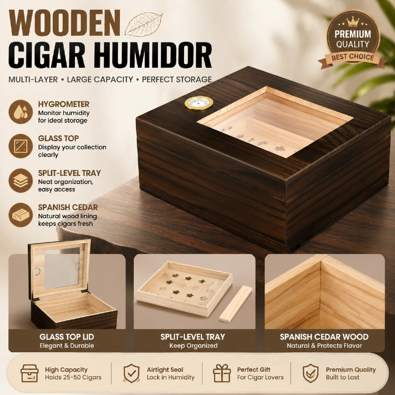 【จัดส่งในพื้นที่】2Days⭐Local Delivery⭐ ซิการ์ Humidor, Handcrafted Real Solid สเปน Cedar Wood Tray and Divider, กล่องเก็บซิการ์หนังหรูหรา, ถือซิการ์ 25-50
