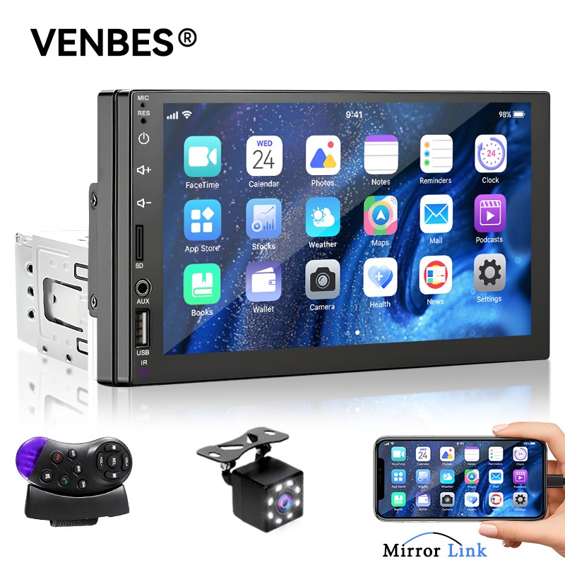 VENBES เครื่องเล่นมัลติมีเดียในรถยนต์ 1DIN MP5 ขนาด 7 นิ้วพร้อมหน้าจอสัมผัส HD หน้าจอ Bluetooth และ 