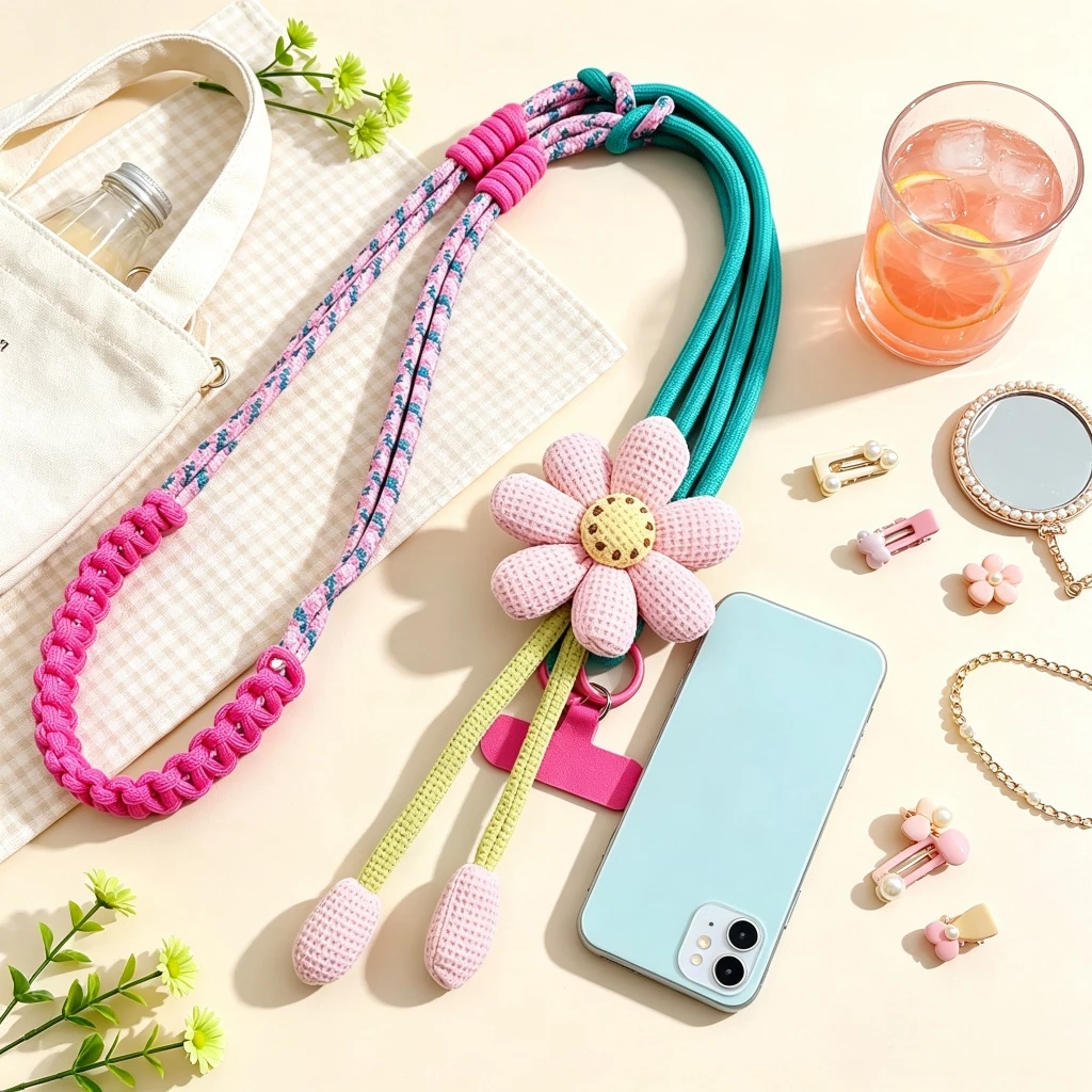 สายคล้องโทรศัพท์ถักลายดอกไม้ สีสันสดใส สไตล์มินิมอล ใส่ได้ทั้งคล้องคอและสะพายข้าง แมทช์เสื้อผ้าได้ทุกชุด