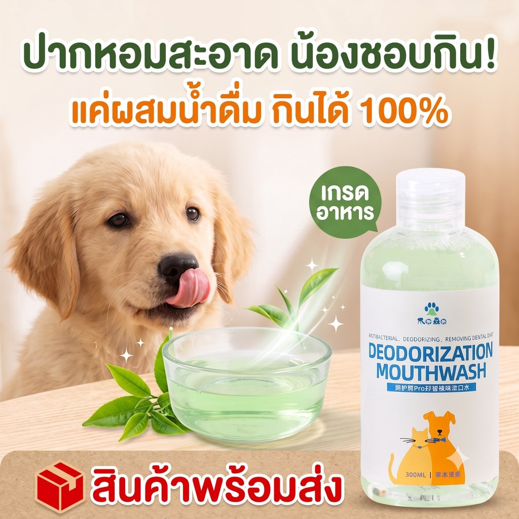 น้ำยาบ้วนปากหมาแมว ผสมน้ำกินได้ ไม่ต้องแปรงฟัน ลดกลิ่นปาก ลดคราบหินปูน ลดแบคทีเรีย ลมหายใจสดชื่น ธรรมชาติ ปลอดภัย 300ml