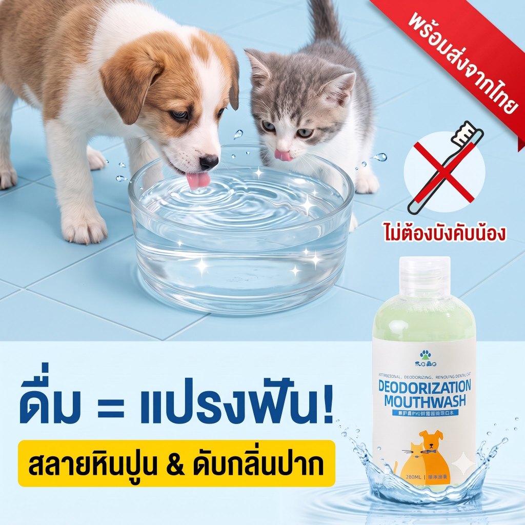 น้ำยาดับกลิ่นปาก น้ำยาบ้วนปาก หมาแมว ผสมน้ำกินได้ ไม่ต้องแปรงฟัน ลดคราบเหลือง ลดหินปูน ลมหายใจสดชื่น ธรรมชาติ ปลอดภัย 300ml