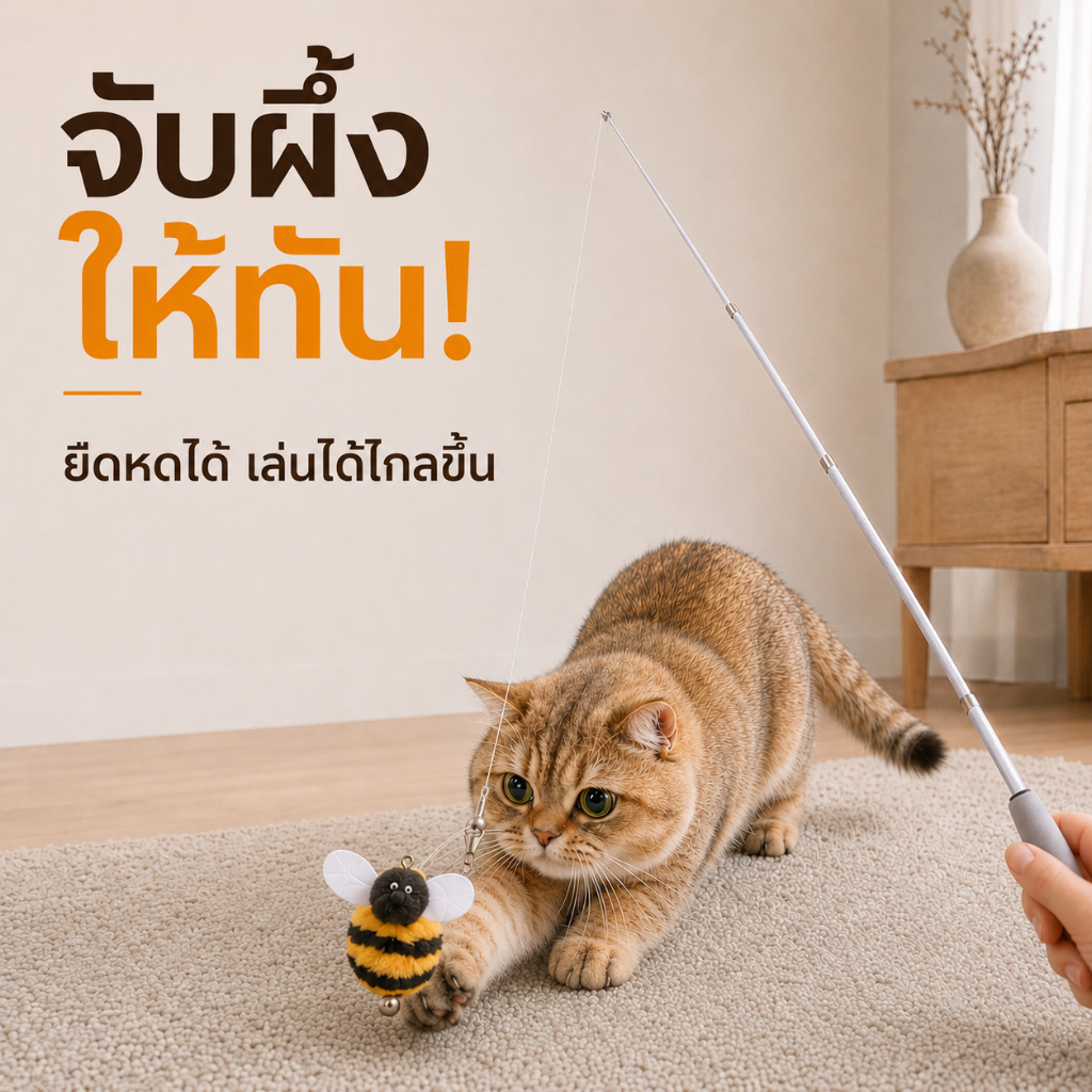 ไม้ตกแมวผึ้งน้อย ไม้ล่อแมวแบบยืดหดได้ คันเบ็ดแมว ตุ๊กตาผึ้ง มีกระดิ่ง ของเล่นแมวโต้ตอบ