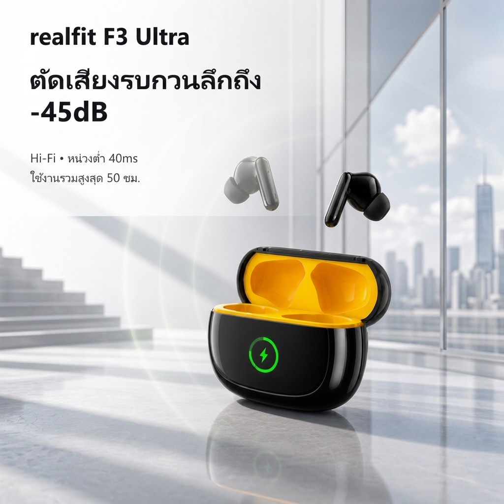 หูฟัง Realfit F3 Ultra ไร้สายบลูทูธ 6.0 ตัดเสียงรบกวนแอคทีฟ 45 เดซิเบล เบสแรงเสียงคมชัดคุณภาพสูง แบตฯ ใช้งานยาวนาน 50 ชม. ความหน่วงต่ำ 40ms ไมค์ชัดเจน รองรับแอปปรับแต่งเบสเอง