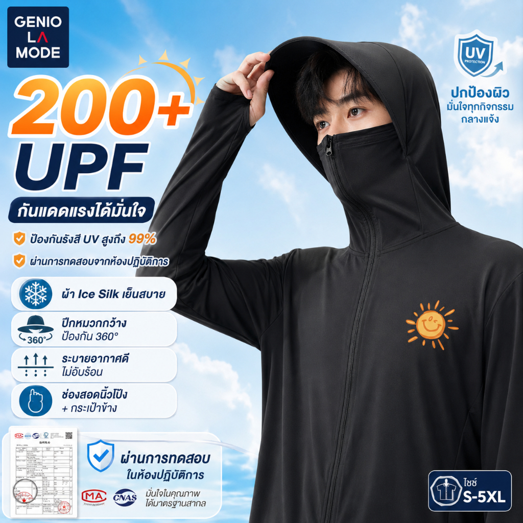 GENIO LAMODE เสื้อกันแดดผู้ชาย Ice Silk กัน UV สูง ปีกหมวกกว้างพิเศษ สัมผัสเย็นสบาย ระบายอากาศดี ไม่ร้อน