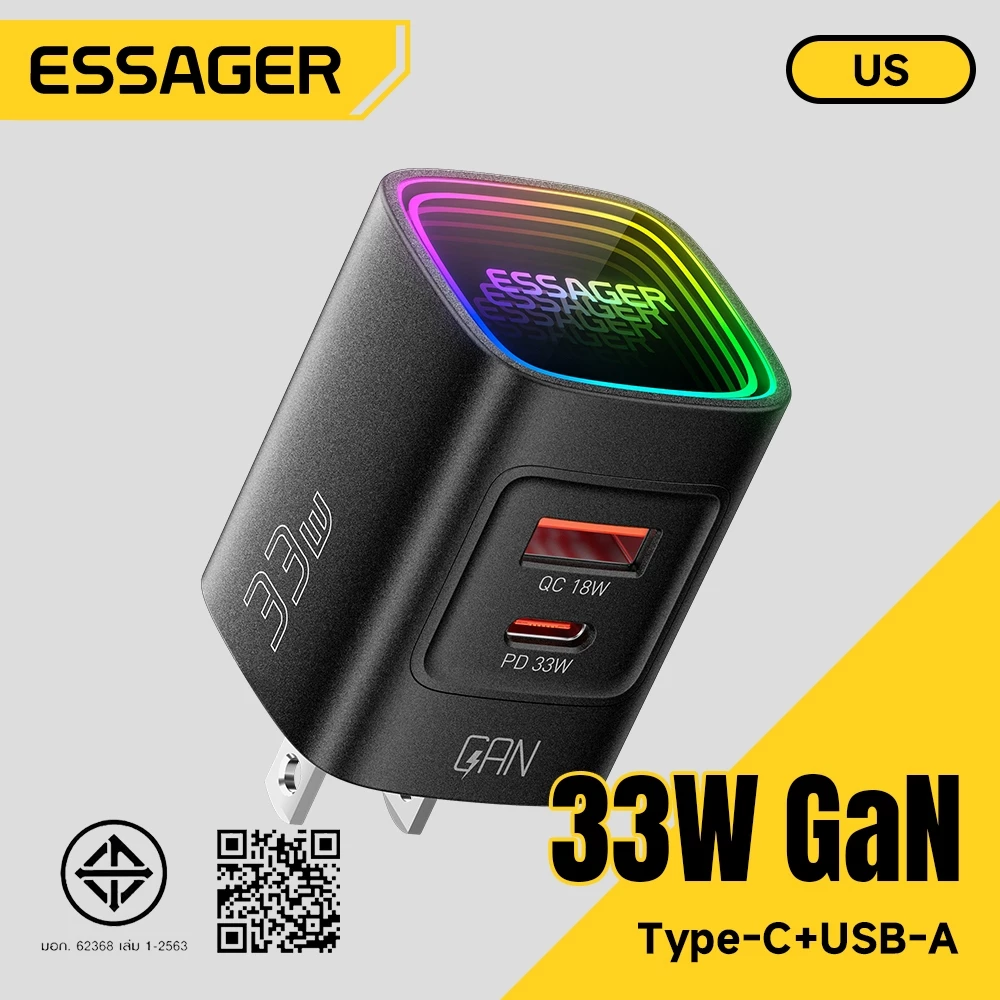 เครื่องชาร์จเดินทาง Essager 33W GaN พร้อม A+C, เอฟเฟกต์กระจกชั้นแสงแบบควบคุมได้