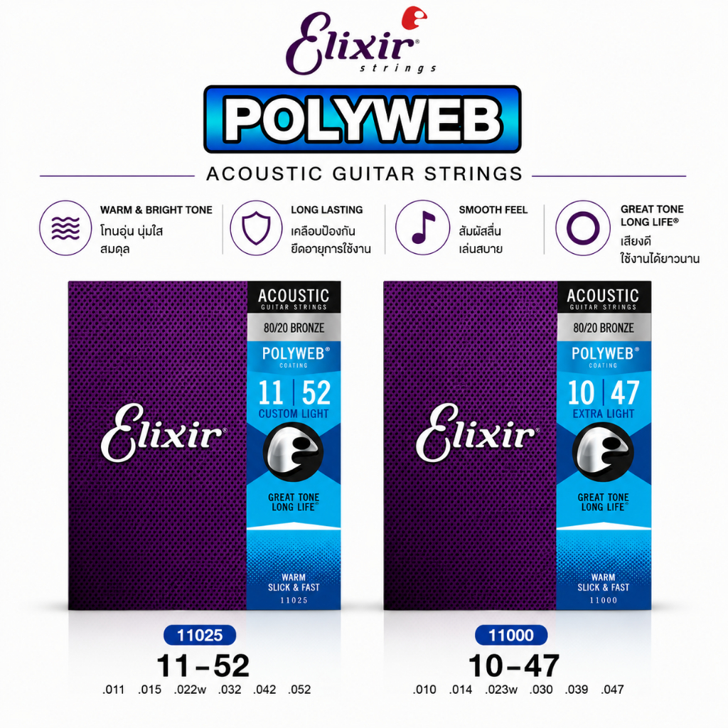 [ ช้อปคุ้มกับส่วนลดพิเศษ ]Elixir POLYWEB 80/20 Bronze สายกีตาร์โปร่ง ของแท้ เคลือบกันสนิม เสียงใส อายุการใช้งานยาวนาน ขนาด 11-52 /10-47