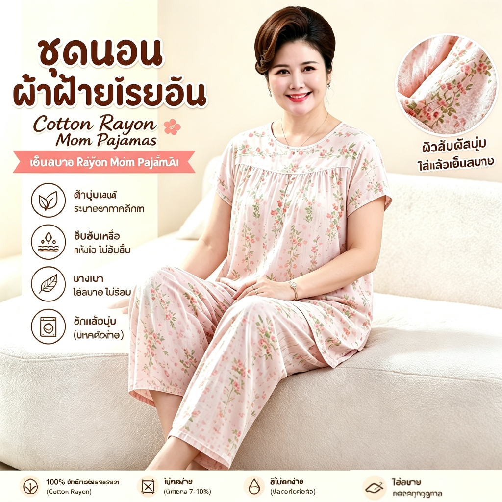 สุภาพสตรี ชุดบ้าน ผ้าฝ้ายเทียมเรียบแฟชั่นชุดนอนแขนสั้นตัดกางเกงดอกไม้สีกับกระเป๋าสบายไม่อับชื้นเหมาะสําหรับผู้หญิงอายุทุก