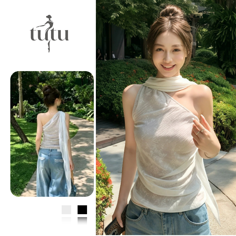 เสื้อเกาะไหล่เดียวสายคล้องคอ มีบราในตัว ผ้าลูกไม้หลังเปิด ทรงกระชับ สไตล์เกาหลีเรโทร