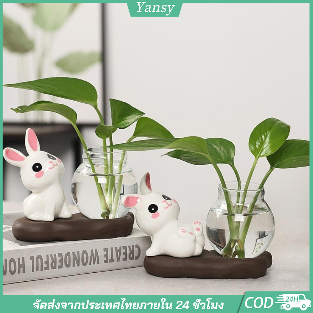 กระต่ายน่ารักแจกันแก้วใสพร้อมฐานไม้พืชไฮโดรโพนิกระถางดอกไม้, Minimalist Tabletop Decor เครื่องประดับทําด้วยมือสําหรับตกแต่งโต๊ะบ้าน