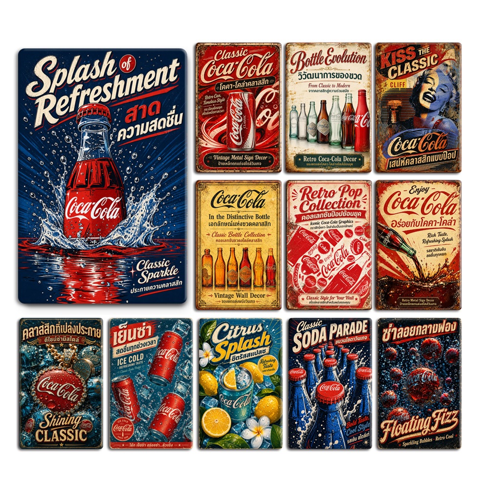 ป้ายเหล็กโค้กวินเทจ 20x30 ซม. ป้ายสังกะสีตกแต่งผนัง ลาย Coca-Cola คลาสสิก สำหรับคาเฟ่ ร้านอาหาร บาร์ และบ้าน มีหลายลายให้เลือก