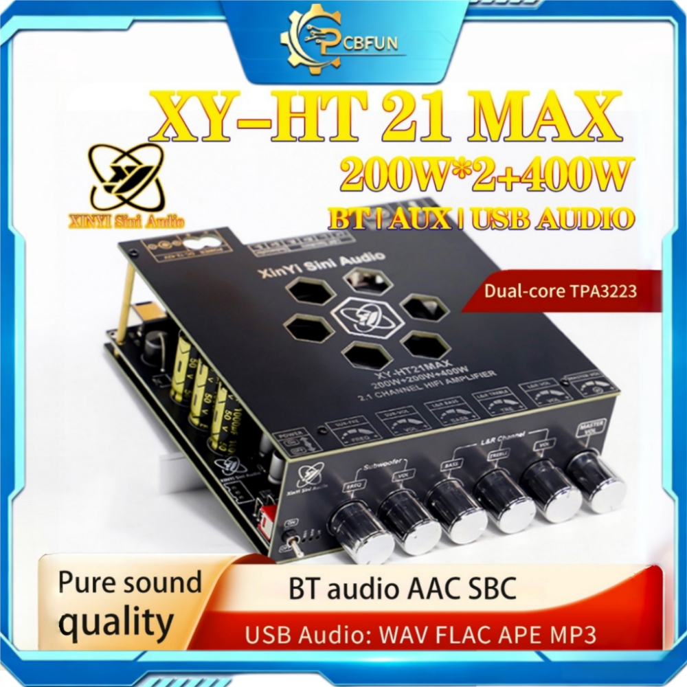XINYI XY-HT21MAX 2.1 บอร์ดแอมป์บลูทูธ แชนเนล 200Wx2+400W ชิป TPA3223 ปรับเสียงสูง-ต่ำ APP 12-42V DC