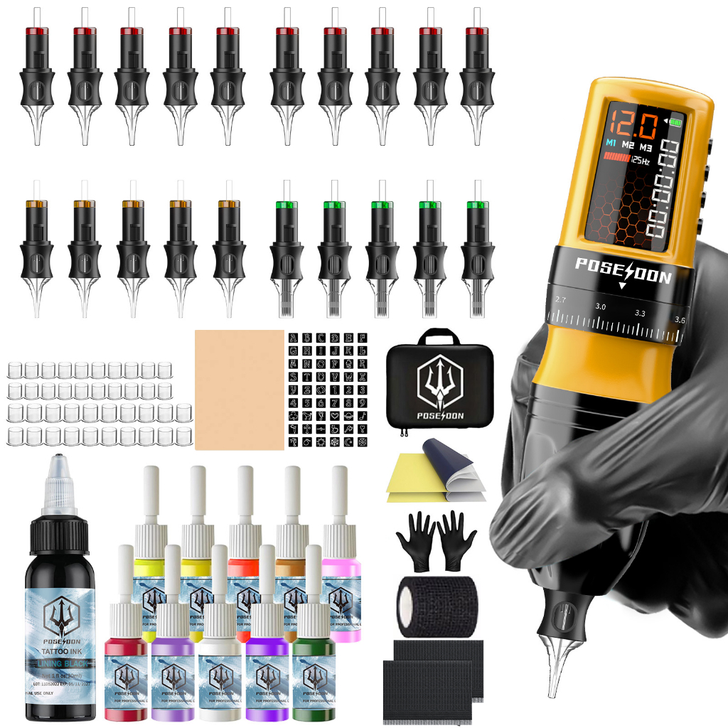 POSEIDON Tattoo Pen Kit- เครื่องสักไร้สาย, จอแสดงผล LED ดิจิตอลพร้อมแหล่งจ่ายไฟความจุ 2300mAh และตลับเข็มสัก 20 ชิ้นสําหรับศิลปิน