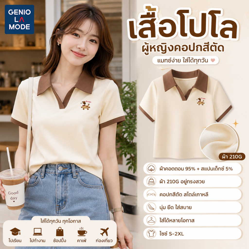 GENIO LAMODE เสื้อโปโลผู้หญิง สไตล์เกาหลี ผ้าคอตตอนหนานุ่มไม่บาง ทรงสวยพรางหุ่นใส่สบาย