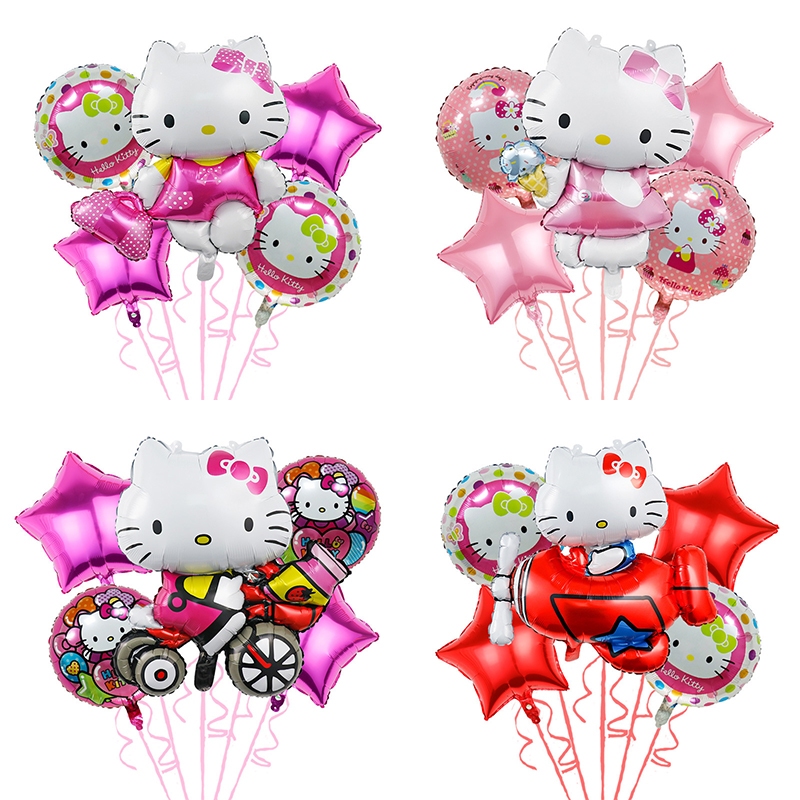 ชุดลูกโป่งฟอยล์ธีม Hello Kitty น่ารัก 5 ชิ้น, ดาวกลมและห้าแฉก, ของตกแต่งอาบน้ําเด็กงานเลี้ยงวันเกิดสําหรับเด็ก