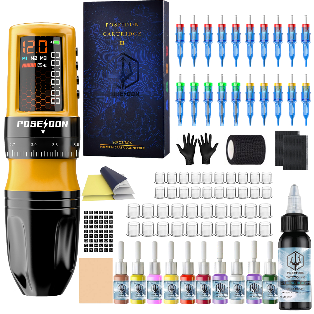 POSEIDON Tattoo Pen Kit- เครื่องสักพร้อมแหล่งจ่ายไฟไร้สาย 2300mAH และตลับเข็มสัก 20 ชิ้น, ปากกาสักและอุปกรณ์สําหรับศิลปิน