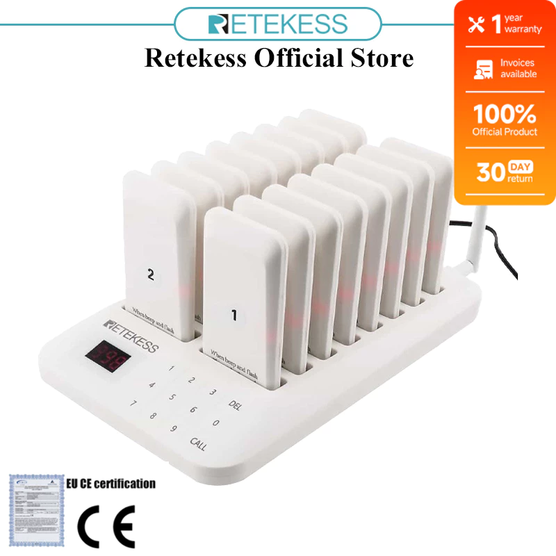 【จัดส่งในท้องถิ่น】Retekess TD157 ระบบเรียกคิว เพจเจอร์เรียกคิว แบบไร้สาย ระบบเรียกคิว เครื่องไร้สาย 1-99 ปุ่มกดระบบสัมผัส สำหรับร้านอาหาร 16 เครื่อง