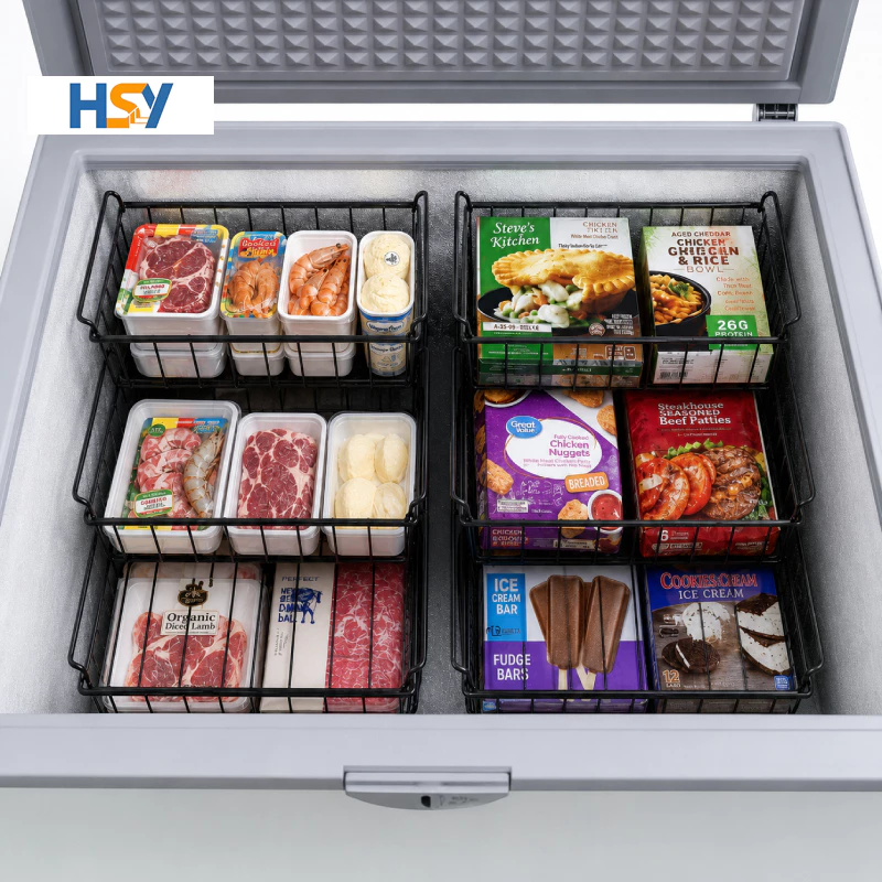 HSY 4Pcs ตะกร้าตู้แช่แข็ง ตะกร้าตู้แช่ไอศกรีม ตะแกรงรับพัสดุหน้าบ้าน ประหยัดพร้อมที่จับสําหรับอาหารด้านล่างง่าย