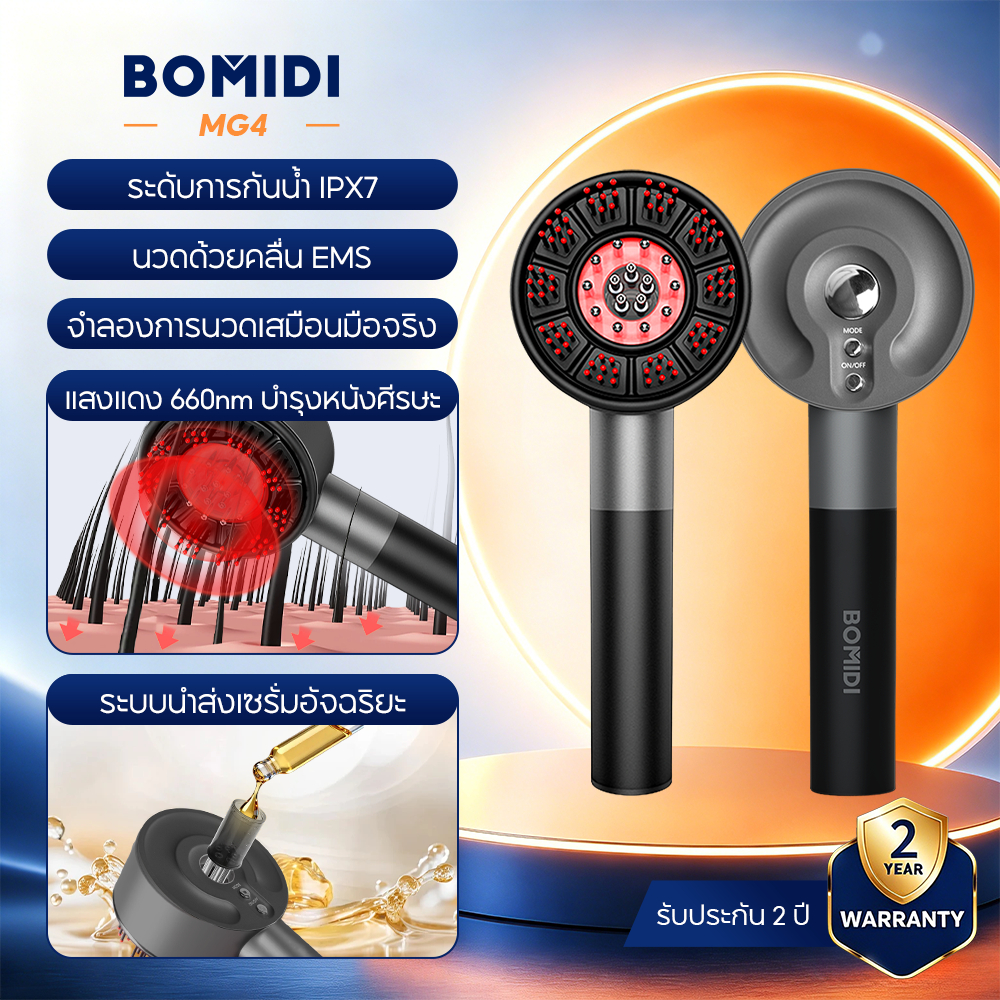 BOMIDI เครื่องนวดหนังศีรษะ MG4 ผสานเทคโนโลยีแสงสีแดงความยาวคลื่น 660 nm ที่ช่วยบำรุงหนังศีรษะ มีมาตรฐานกันน้ำระดับ IPX7 สามารถใช้งาน ร่วมกับผลิตภัณฑ์ Minoxidil เพื่อเพิ่มประสิทธิภาพในการกระตุ้นรากผม และลดปัญหาผมร่วงได้
