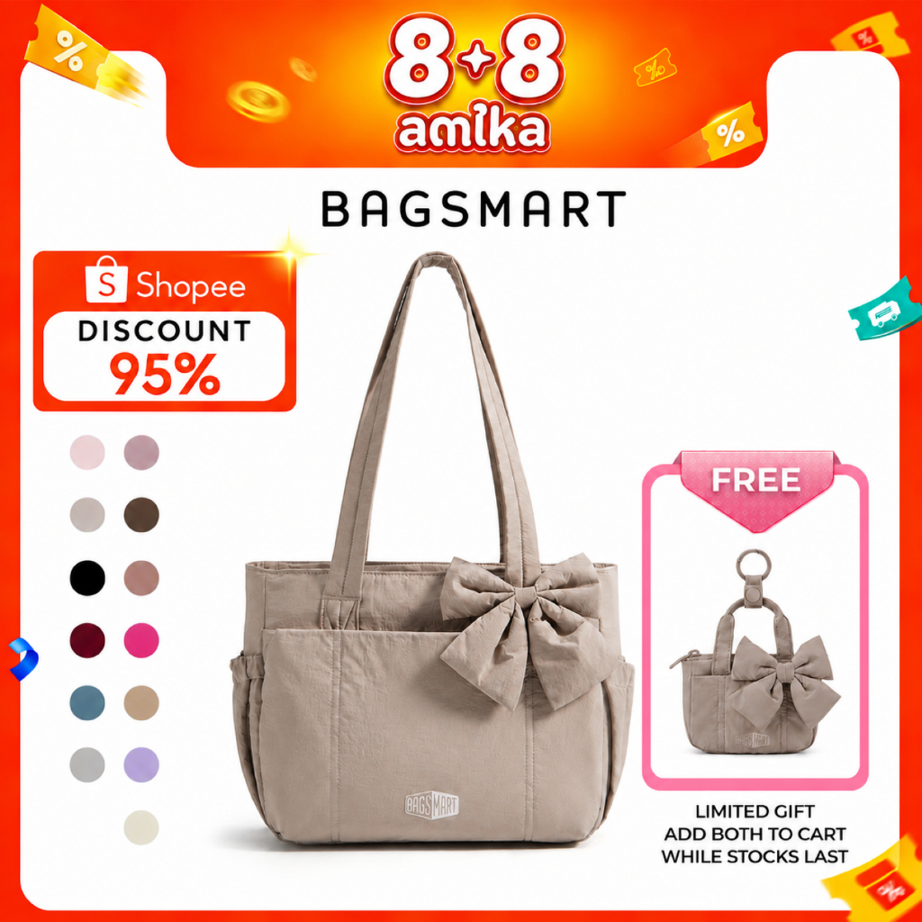 BAGSMART กระเป๋า tote bag มีซิป แต่งโบว์ กระเป๋าถือผู้หญิง สะพายไหล่ ใส่โน้ตบุ๊ก 13.1-14 นิ้ว จุเยอะ น้ำหนักเบา