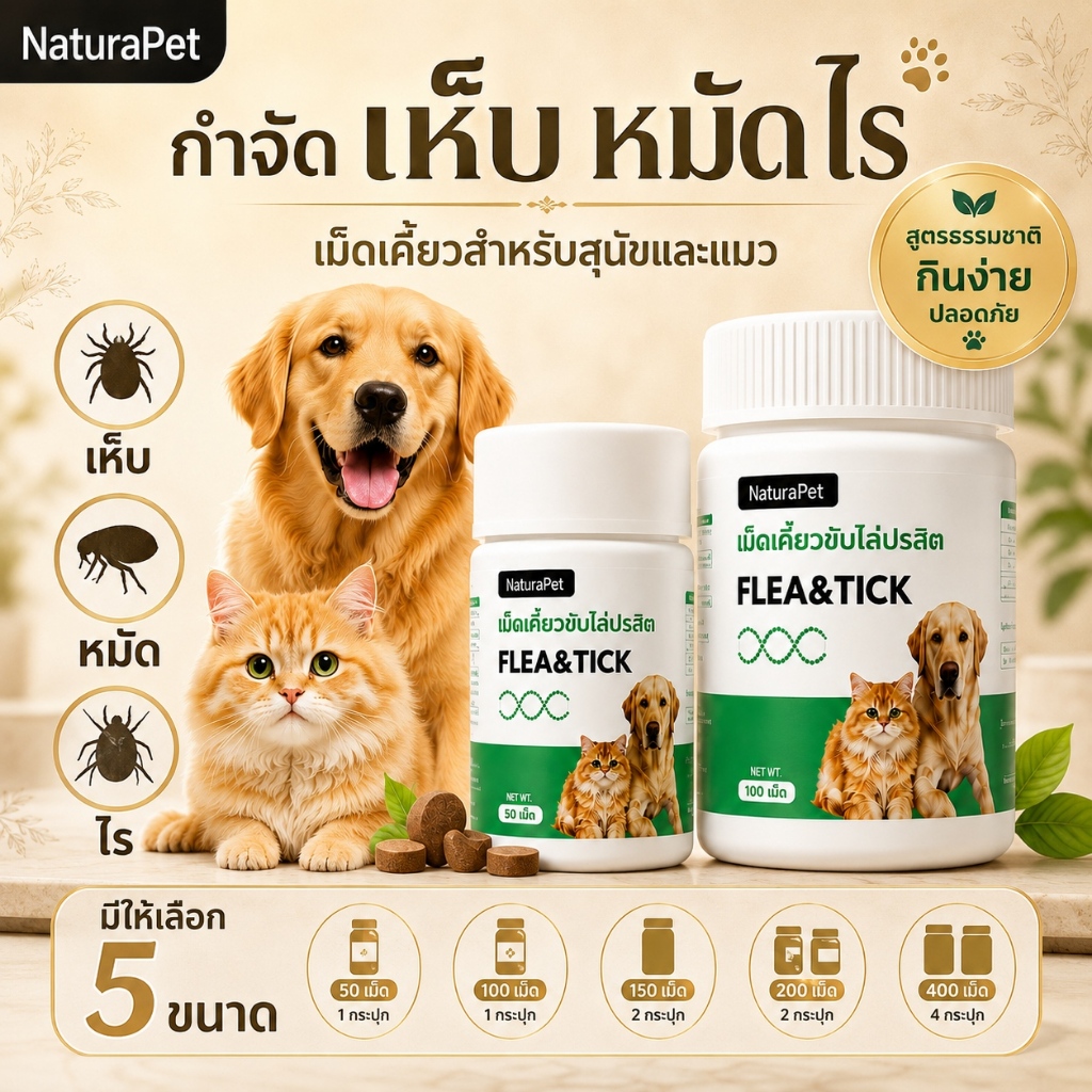 เม็ดเคี้ยวเสริมสำหรับแมวและสุนัข ดูแลเห็บ หมัด และสุขภาพสัตว์เลี้ยง ป้อนง่าย มีหลายขนาดให้เลือก NaturaPet