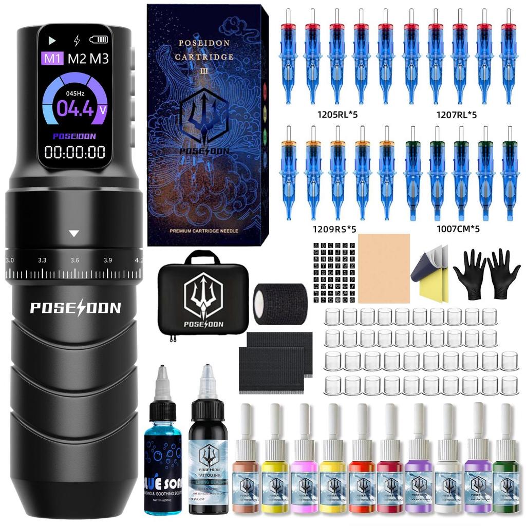 POSEIDON Tattoo Machine Set- Tattoo Pen พร้อมแหล่งจ่ายไฟไร้สายและตลับเข็มสัก 20 ชิ้น, จังหวะที่ปรับได้และเครื่องสักจอแสดงผล LED ดิจิตอลสําหรับศิลปิน