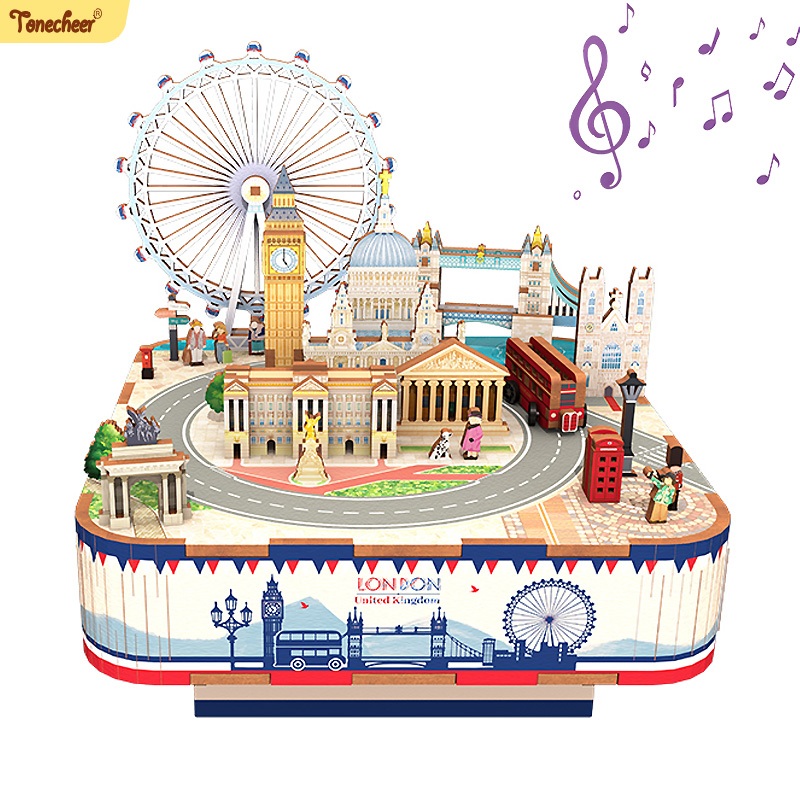 Tonecheer กล่องดนตรี DIY ตัวต่อไม้ 3D มีเสียงเพลง หมุนได้ บรรจุกล่องของขวัญ ของขวัญวันเกิด ตกแต่งโต๊ะ [London Music Box TQ066]