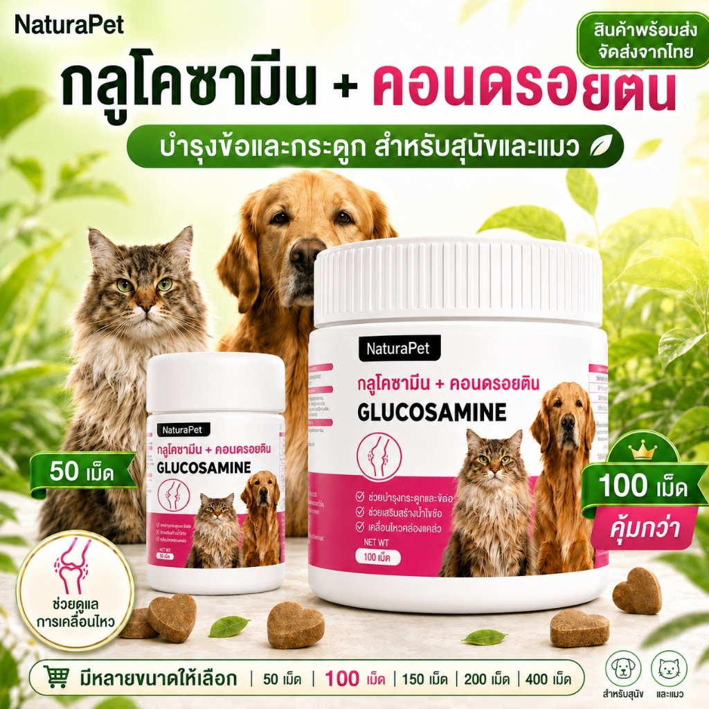 อาหารเสริมเม็ดเคี้ยวกลูโคซามีนและคอนดรอยตินสำหรับสุนัขและแมว ดูแลสุขภาพข้อและการเคลื่อนไหว มีหลายขนาดให้เลือก NaturaPet