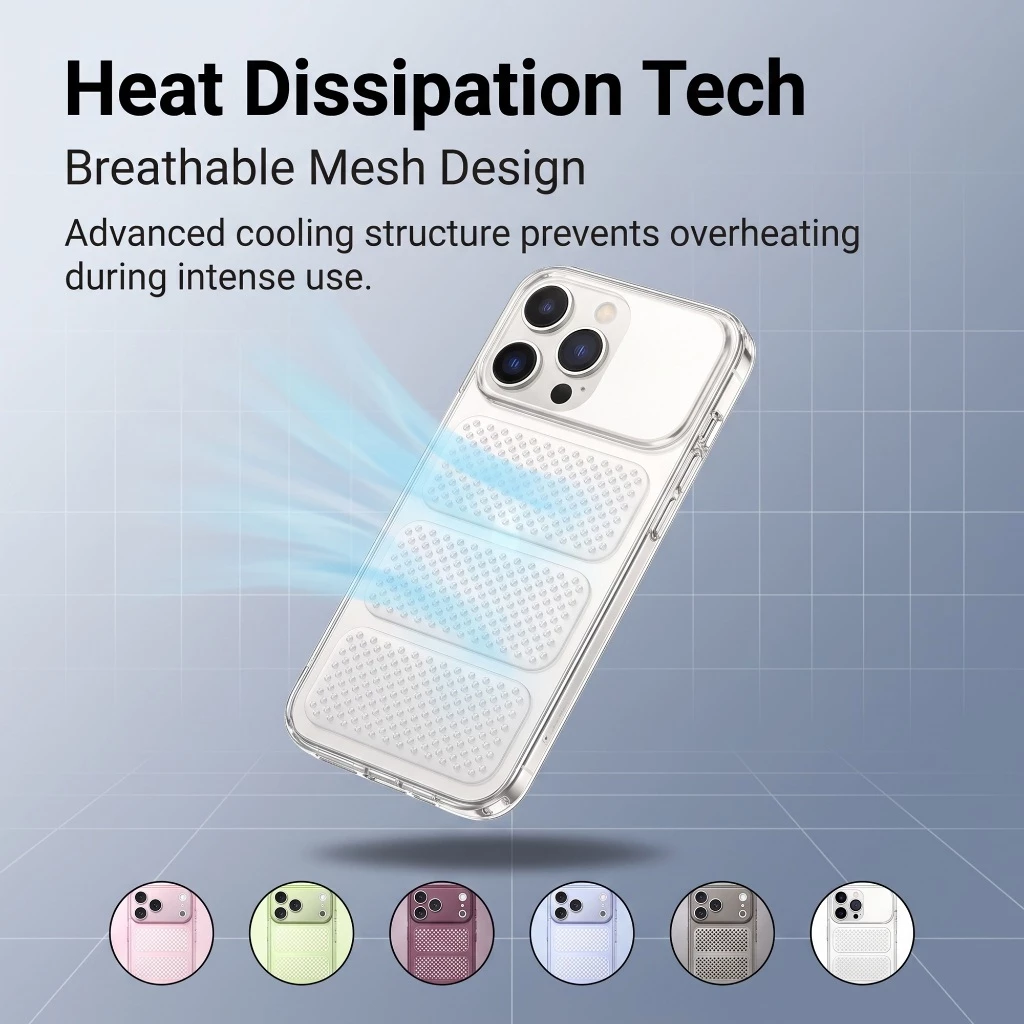 สําหรับ iPhone 11/12/13/14/15/16/17 Pro Max Cooling เคสโทรศัพท์ระบายอากาศ, TPU + PC กันกระแทก Anti-Drop,ตาข่าย Cooling,ป้องกันเลนส์เต็ม,ลื่น,ป้องกันลายนิ้วมือ,หลายสี