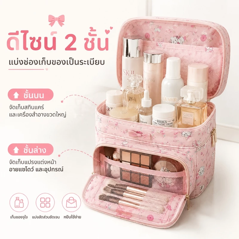 Leego กระเป๋าเครื่องสำอางลายน่ารัก จุของได้เยอะ กระเป๋าแต่งหน้าใบใหญ่ ใส่สกินแคร์ เครื่องสำอาง พกพาสะดวก thumbnail 4