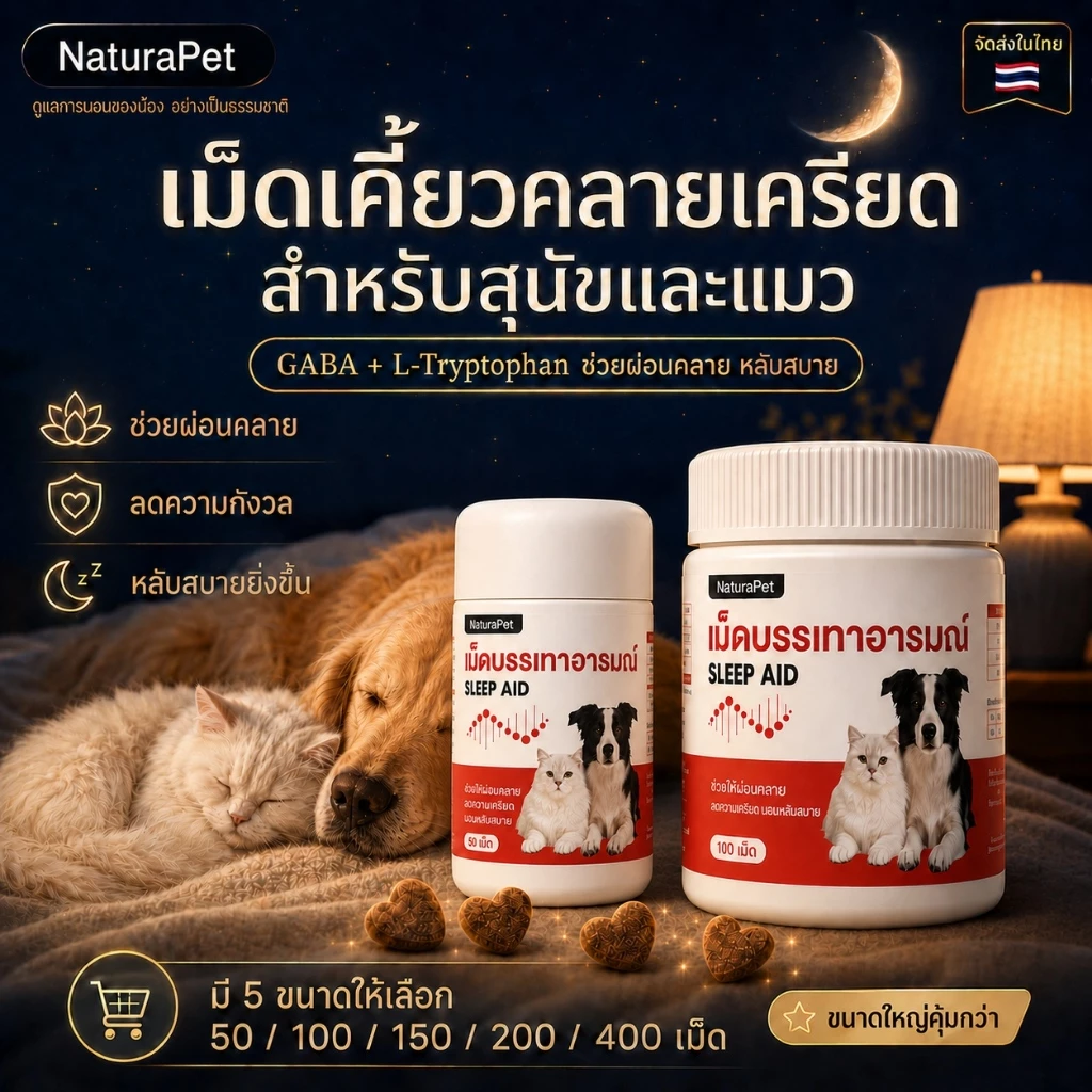 อาหารเสริมเม็ดเคี้ยวคลายเครียดสูตรคาโมมายล์สำหรับสุนัขและแมว ดูแลความผ่อนคลายและสมดุลทางอารมณ์ กินง่าย มีหลายขนาดให้เลือก NaturaPet