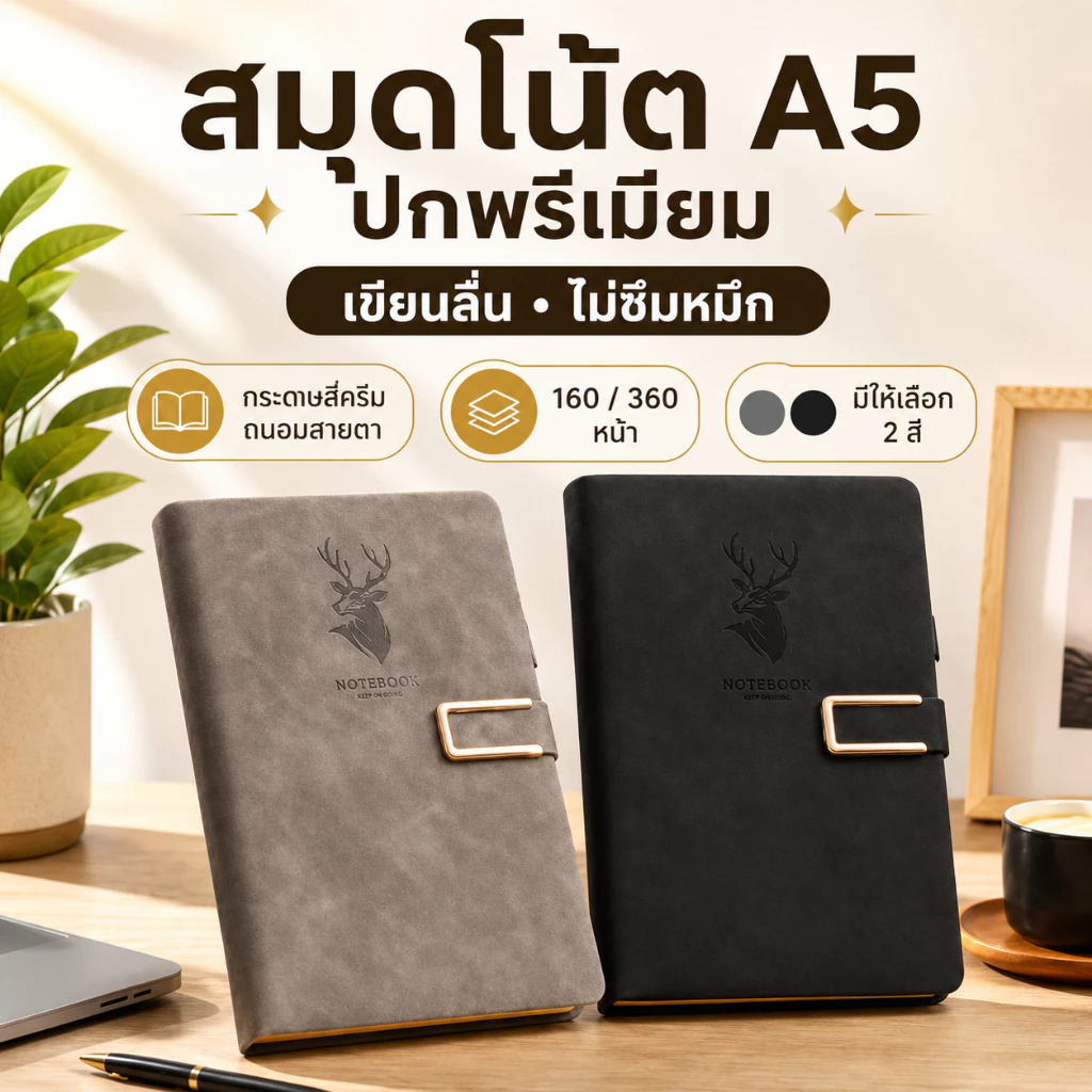 สมุดโน้ต A5 ดีไซน์หรู ปกพรีเมียม สมุดบันทึกสำหรับเรียนและทำงาน กระดาษสีครีม เขียนง่าย ถนอมสายตา ไม่ซึมหมึก มีให้เลือก 2 สี 160/360 หน้า