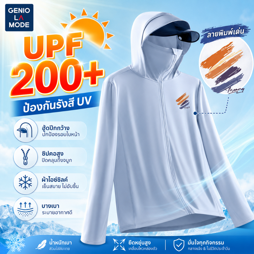 GENIO LAMODE ครีมกันแดดเสื้อผ้า UPF200 + ผ้าไหมน้ําแข็งผ้าเย็นปีกกว้าง Quick-Drying ขนาดใหญ่ S-5XL