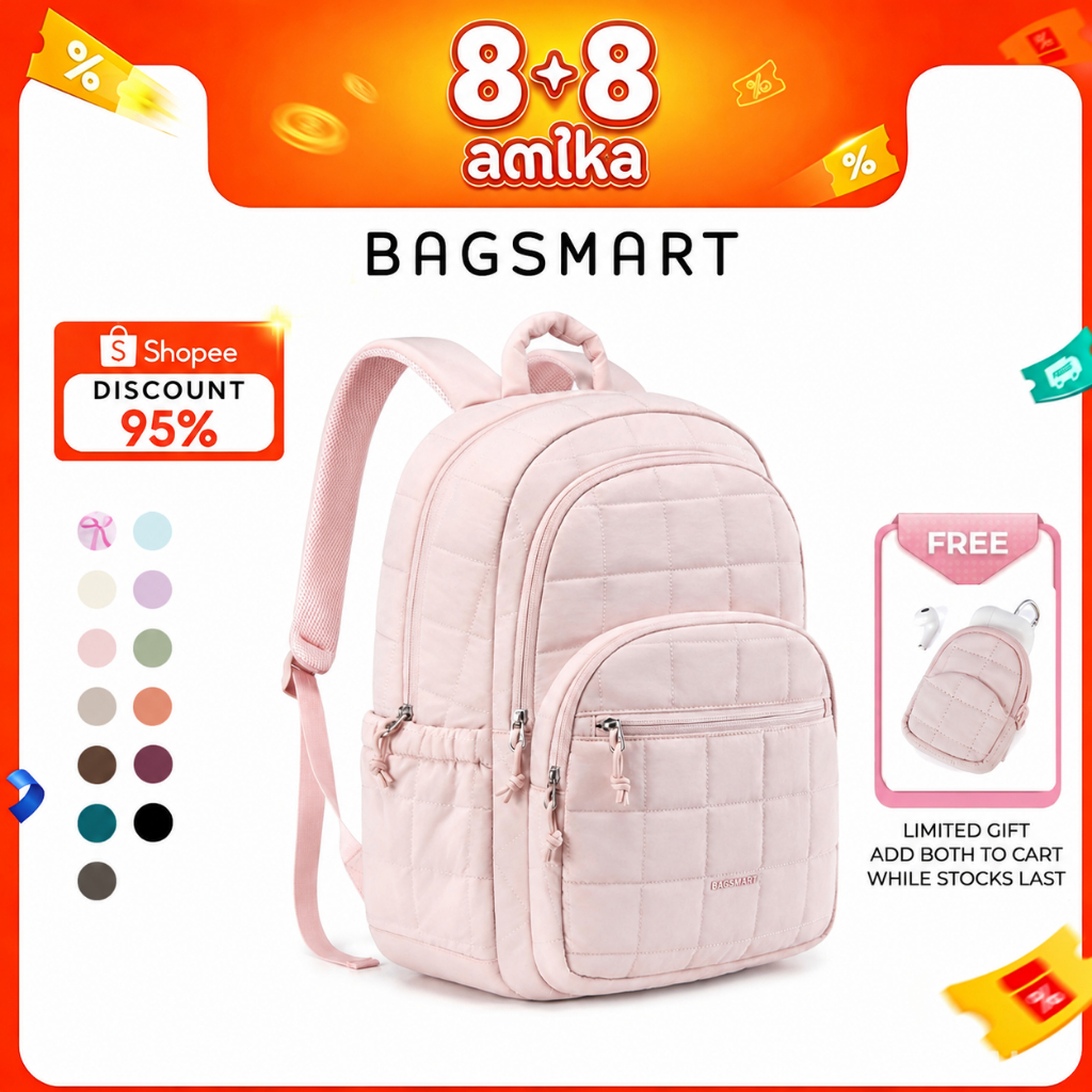 BAGSMART 15.6นิ้ว กระเป๋าเป้ สะพายหลังผู้หญิงสไตล์วิทยาเขตความจุขนาดใหญ่ กระเป๋าสะพายหลัง กันน้ํา Backpack Laptop