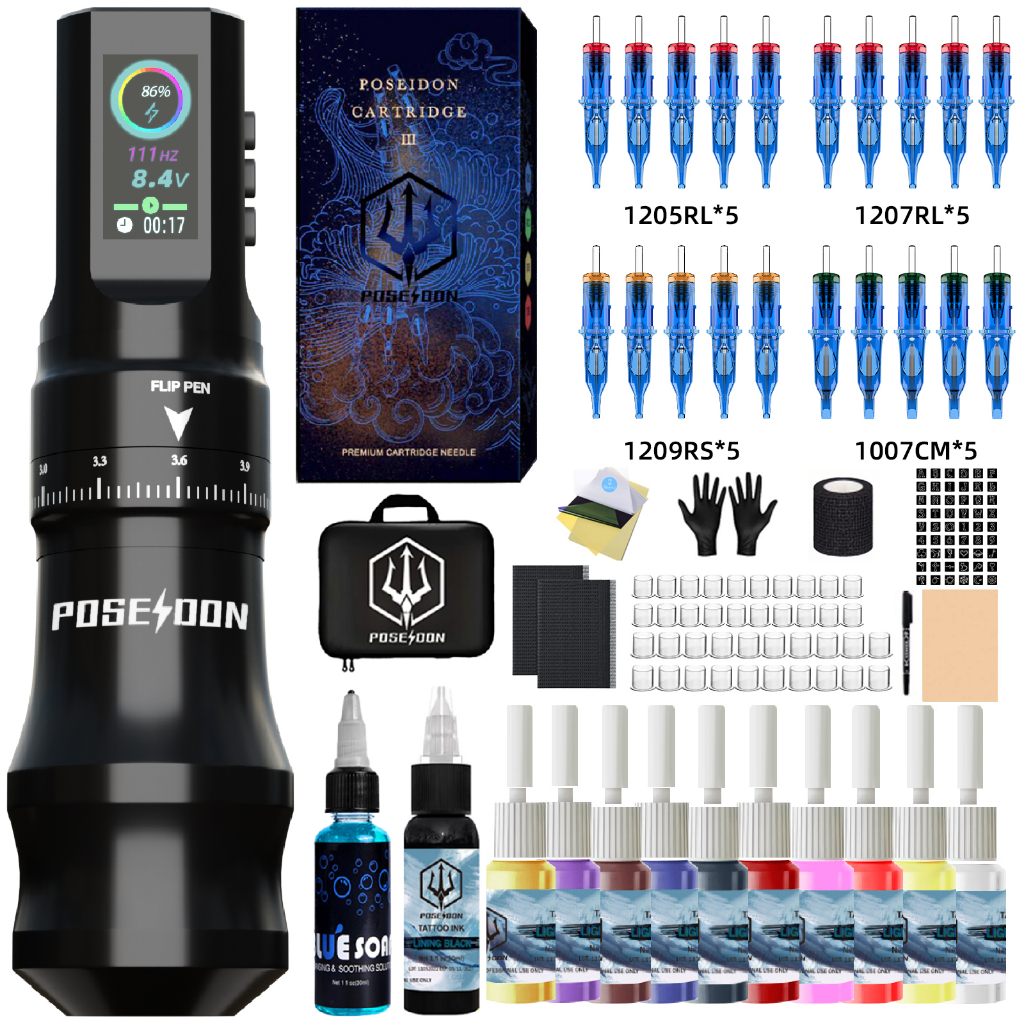 Poseidon Tattoo Pen Kit-Tattoo Machine พร้อมตลับเข็มสัก 20 ชิ้น, ปากกาสักแบบปรับได้พร้อมจอแสดงผล LED ดิจิตอลและพลังงานไร้สายความจุ 1800mAh สําหรับศิลปิน