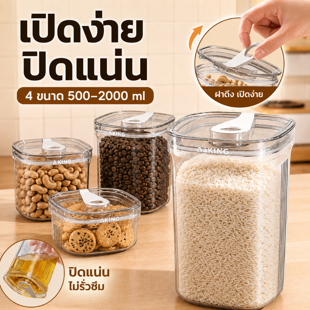 โหลเก็บอาหารแห้งแบบใส ฝาดึงเปิดง่าย ปิดแน่น กันชื้น ซ้อนเก็บ