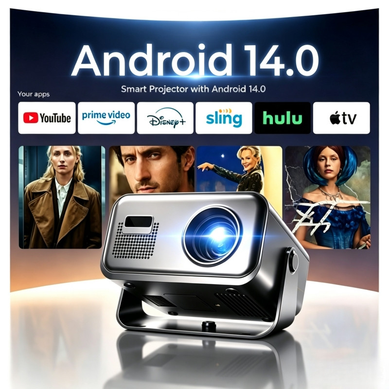 โโปรเจ็กเตอร์ความละเอียดสูง ระบบปฏิบัติการ Android 14 รองรับความละเอียด 1080P WiFi 6 บลูทูธ 5.2 และ 4K, หมุนได้ 180° โฮมเธียเตอร์ รองรับการเชื่อมต่อกับโทรศัพท์มือถือและคอมพิวเตอร์