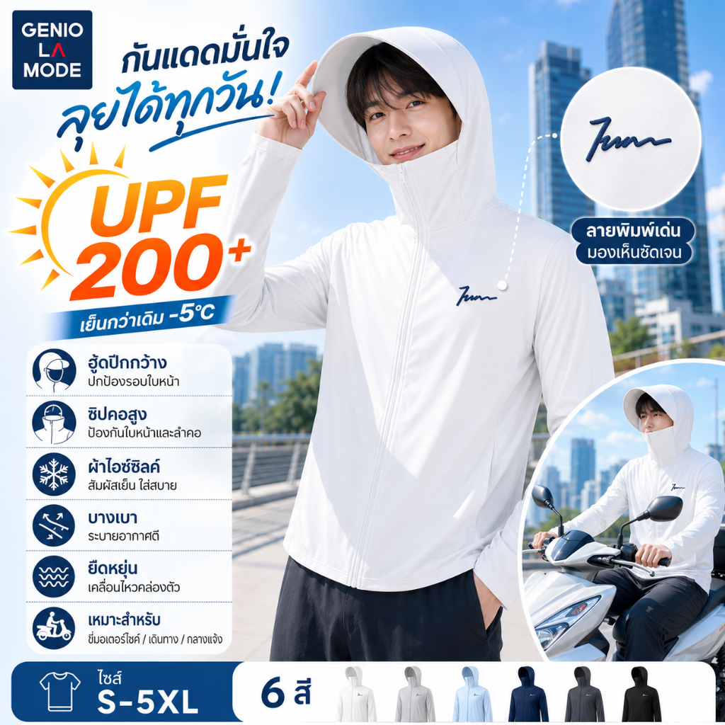 GENIO LAMODE ครีมกันแดดเสื้อผ้าขี่มอเตอร์ไซค์หมวกปีกกว้างผ้าเย็นแห้งเร็ว S-5XL