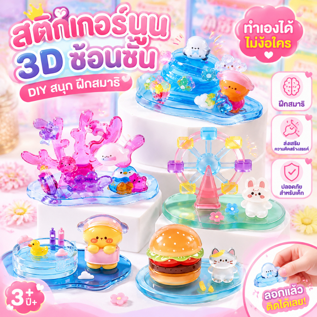 สติ๊กเกอร์นูน 3D DIY น่ารักสำหรับเด็กผู้หญิง – ของเล่นตกแต่งโต๊ะ งานฝีมือสร้างสรรค์ ฝึกสมาธิและจินตนาการ