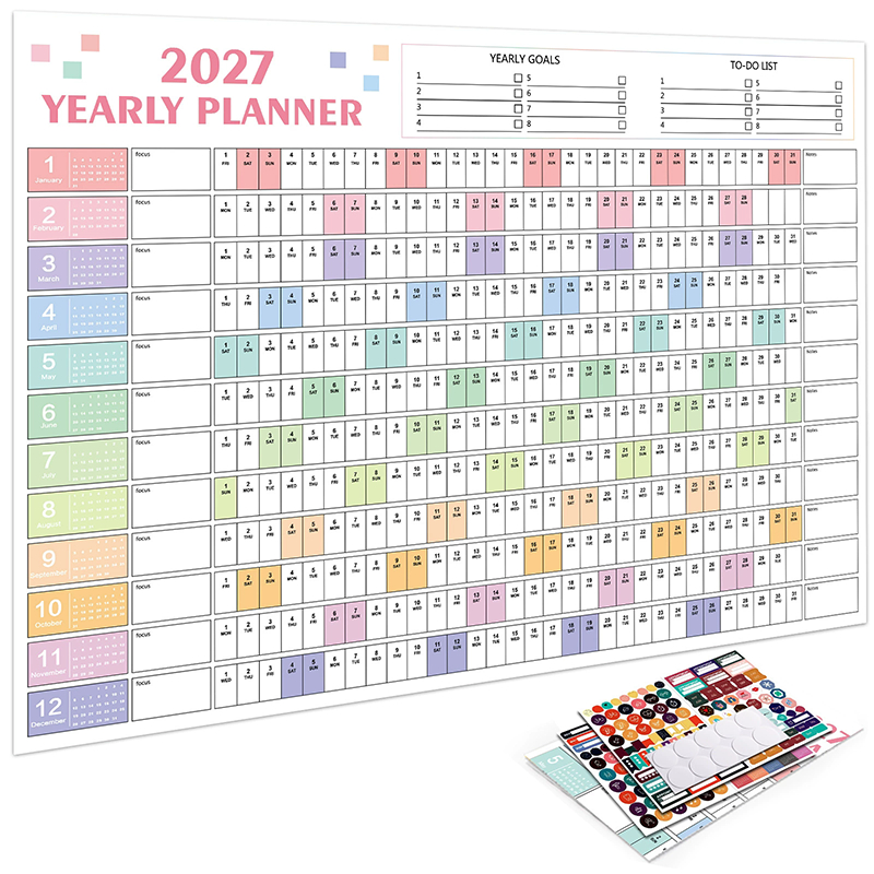 2027 ปีวางแผนแผ่น365วันปฏิทินวางแผนแขวนผนังที่จะทํารายการรายเดือนรายสัปดาห์รายวันกําหนดการเครื่องหมายกับสติกเกอร์เครื่องเขียนเครื่องสํา