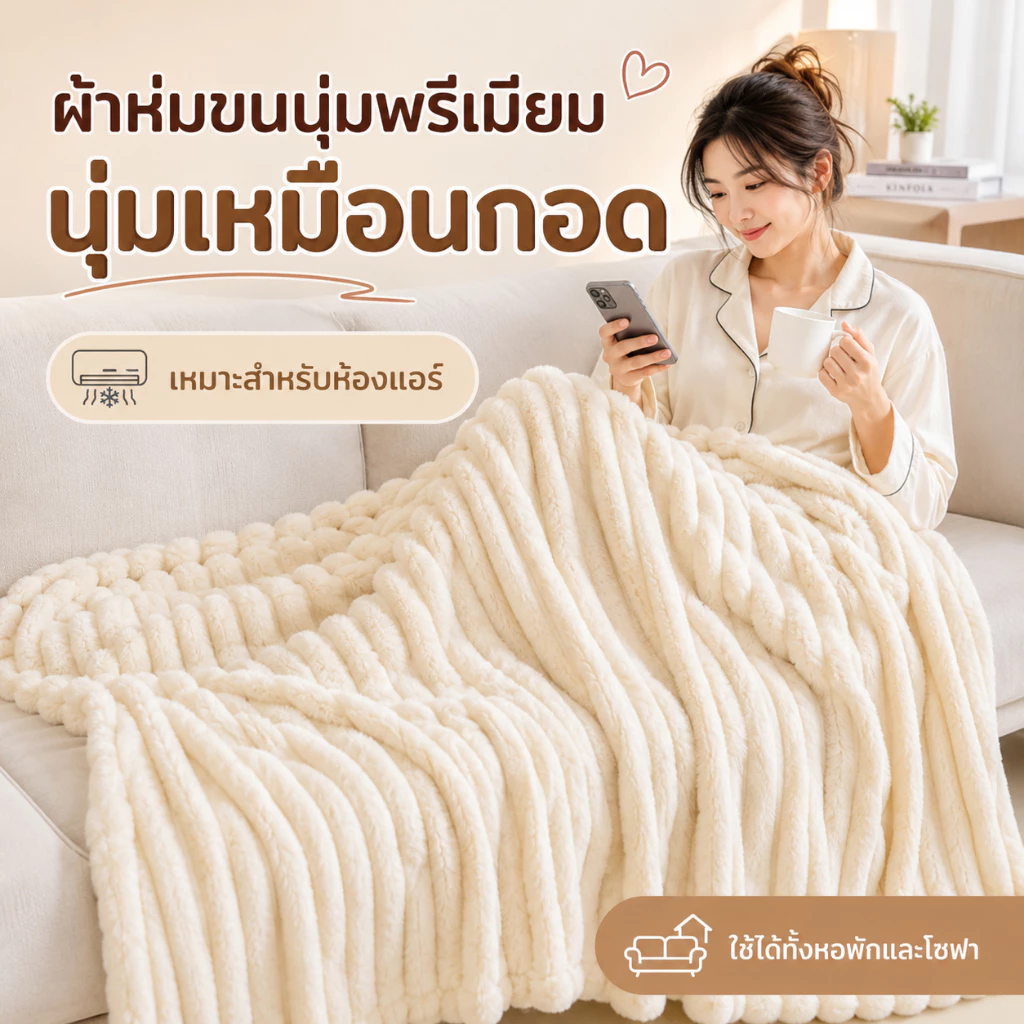 ผ้าห่มขนกระต่ายนุ่มพรีเมียม ผ้าห่มโซฟา สัมผัสนุ่มเหมือนกอด น้ำหนักเบา ระบายอากาศดี เหมาะสำหรับห้องแอร์ เตียงนอน และพักผ่อน หลายขนาด