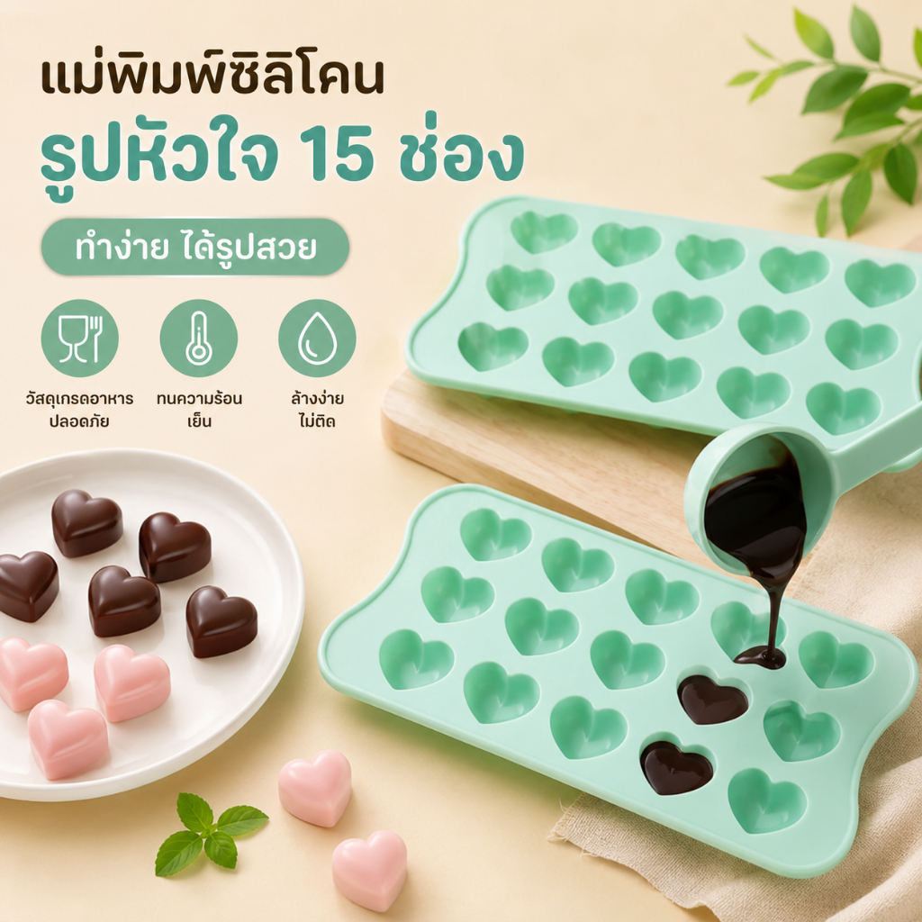 Pure-t shop 1 ชิ้น 15 หลุมสามมิติแม่พิมพ์ซิลิโคนรูปหัวใจ DIY ช็อกโกแลตน้ําแข็งตารางมูสแม่พิมพ์ขนมนุ่มเบเกอรี่แม่พิมพ์