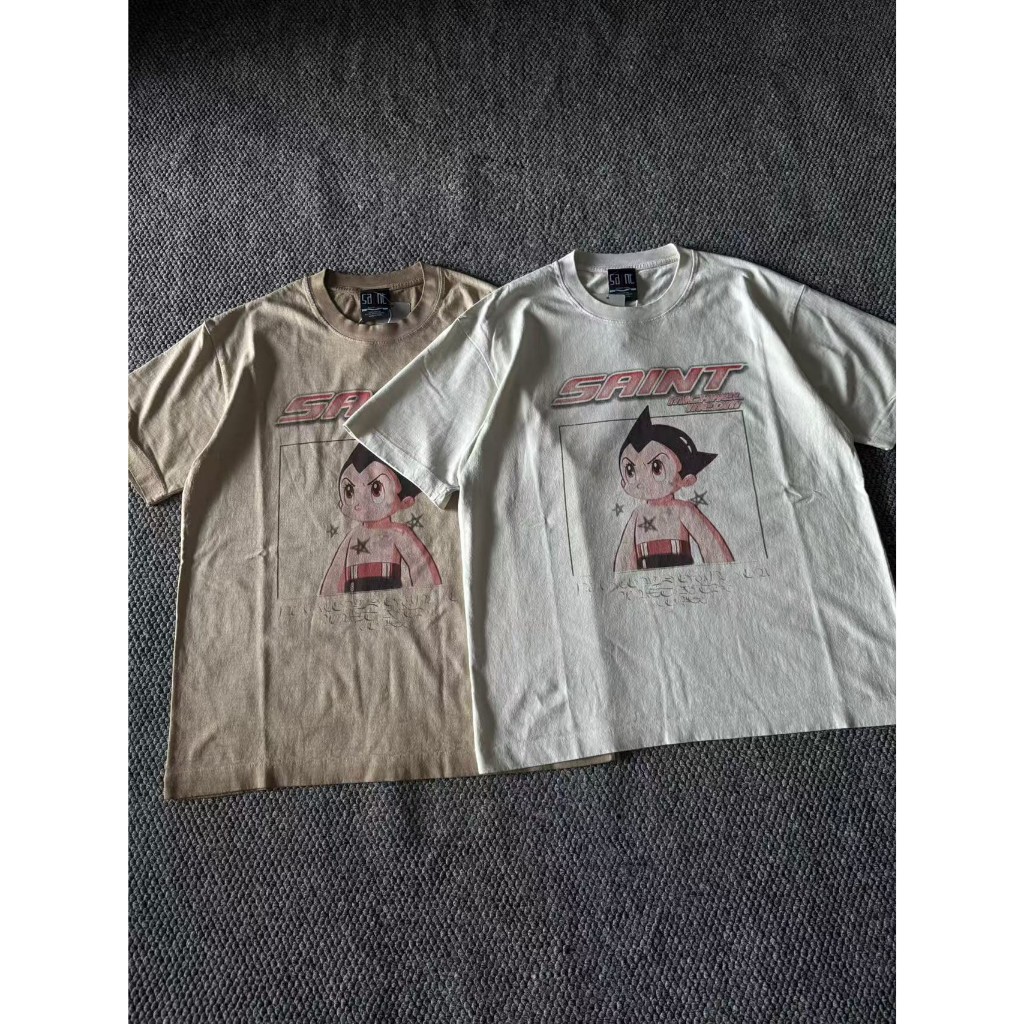 สตรีทแวร์ วินเทจลําลองแขนสั้นที,การ์ตูนหุ่นยนต์บอยกราฟิกพิมพ์เสื้อยืด