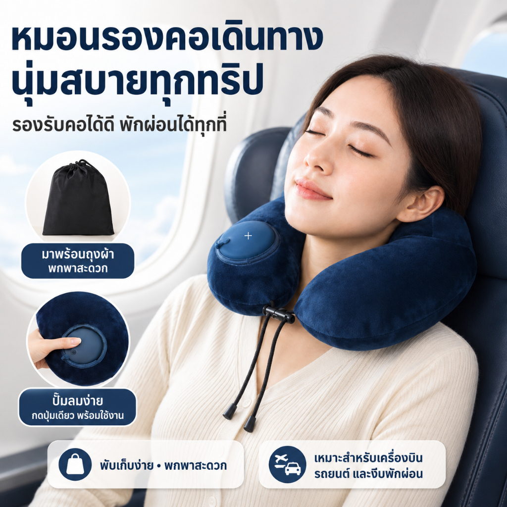 หมอนรองคอเดินทาง เป่าลมง่าย พับเก็บได้ ขนาดพกพา วัสดุนุ่มพรีเมียม รองรับคอและศีรษะ ใช้บนเครื่องบิน รถทัวร์ รถยนต์ และสำนักงาน