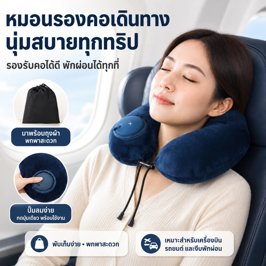 หมอนรองคอ กดเป่าลมอัตโนมัติ สำหรับเดินทาง ผ้าคริสตัลเวลเวท นุ่มสบาย รองรับคอ 360 องศา พกพาง่าย ใช้บนเครื่องบิน รถยนต์ ออฟฟิศ และงีบพักผ่อน
