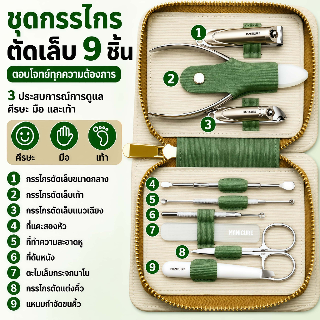 ชุดกรรไกรตัดเล็บ 9 ชิ้น สแตนเลส พกพาง่าย ชุดดูแลเล็บครบชุด สำหรับมือ เท้า และหู พร้อมกระเป๋า