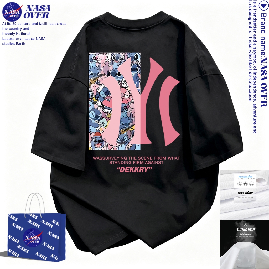 【จัดส่งตลอด 24 ชั่วโมง】🔥NASAผ้าฝ้ายแท้100% คอกลม แขนสั้น ทรงโอเวอร์ไซส์ ลายตัวอักษรสีชมพู🌃ใส่ได้ทั้งชายหญิง เสื้อยืดYG1017