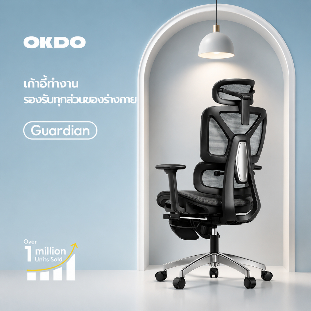 OKDO Guardian เก้าอี้ทำงาน เก้าอี้ออฟฟิศ เอน 145° เบาะรองหลัง หมอนรองคอเพื่อสุขภาพ เก้าอี้ผู้บริหาร