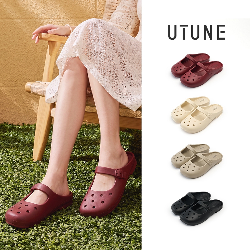 UTUNE รองเท้าส้นแบนแมรี่เจนผู้หญิง รองเท้าหัวปิด สีแดงไวน์ วัสดุ EVA น้ำหนักเบา นุ่มสบาย ระบายอากาศ พื้นกันลื่น สไตล์บัลเลต์วินเทจ ใส่ได้ทุกโอกาส