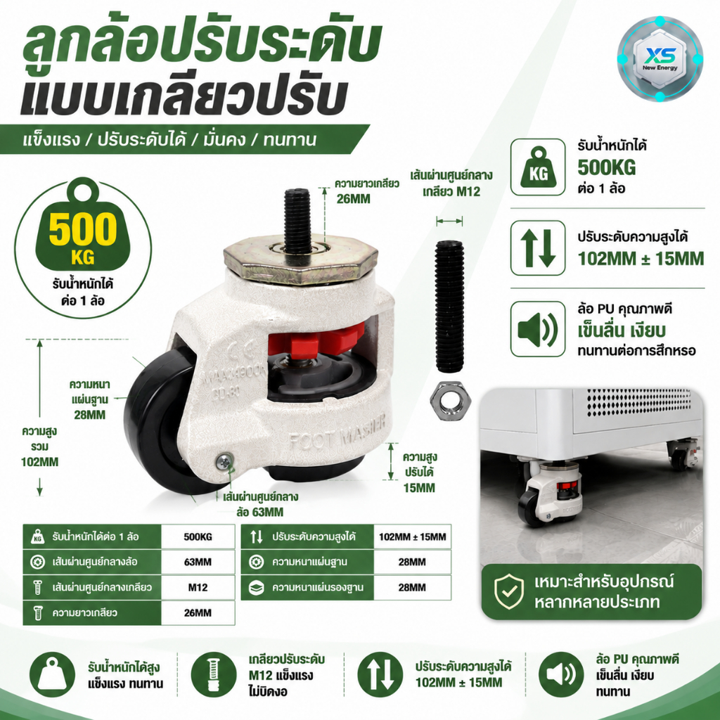 4PCS ล้อปรับระดับ 500KG FOOT MASTER ล้ออเนกประสงค์เงียบ ขาเกลียว M12 Lockable Leveling Caster ปรับระ